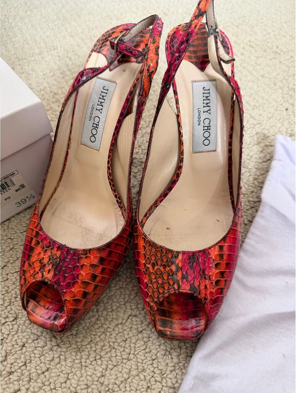 Jimmy Choo Clue Patterned Blush Red Peep Toe Slingback Heels Size 39.5